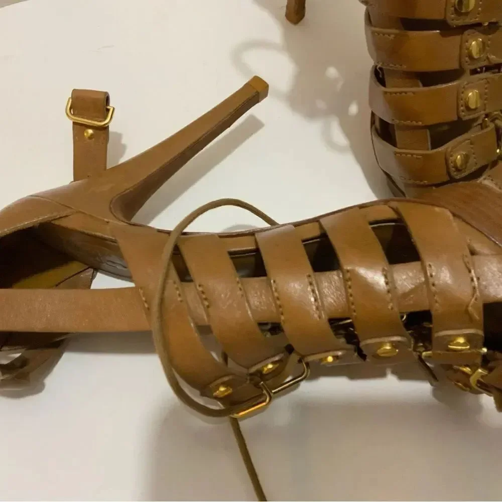 Tory Burch Gladiator Lace Up studded gold platform sandals Tan size 7.5 M